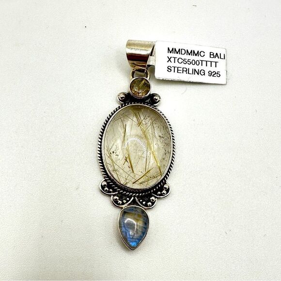 NWT Rutilated Quartz and Moonstone in solid sterling Bali silver pendant! - Picture 1 of 15